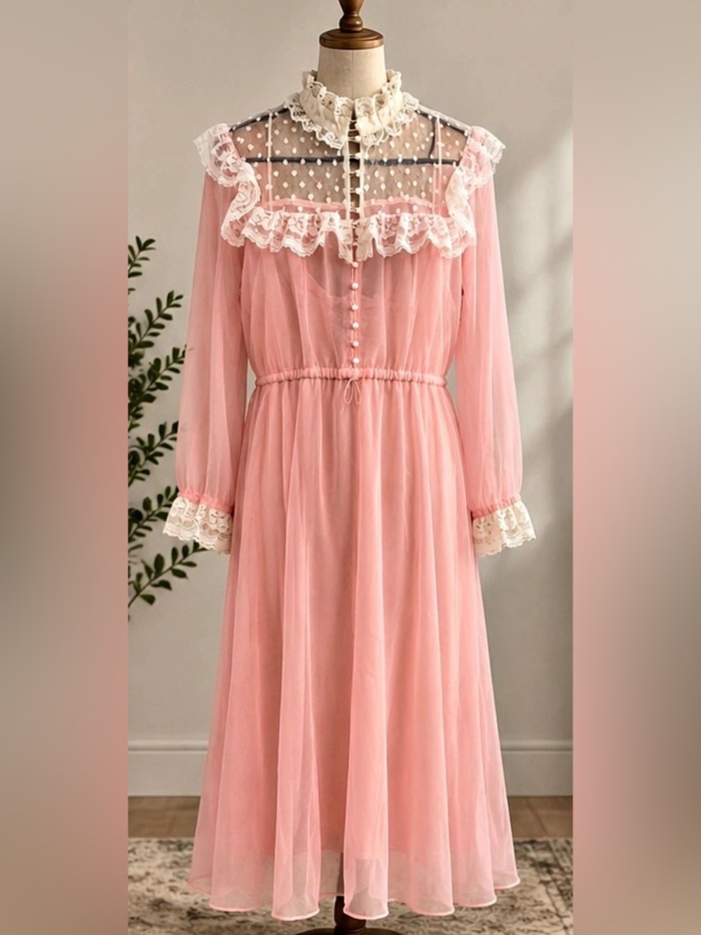 Vintage 1970s Pink Sheer Lace Dress Maxi Gown Ivory Ruffles Coquette